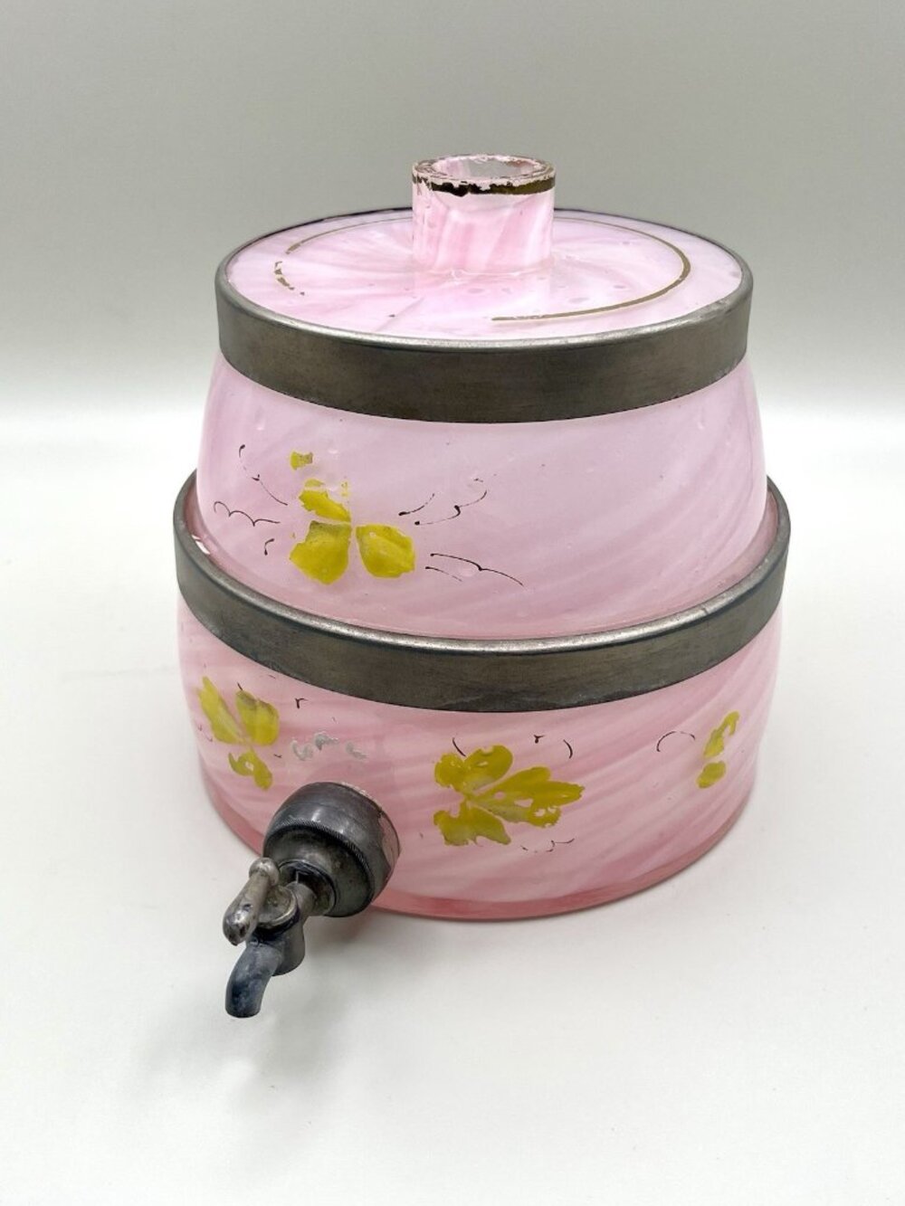 Antique Pink Swirl Glass Beverage Dispenser Floral Spigot VTG Victorian Cottage
